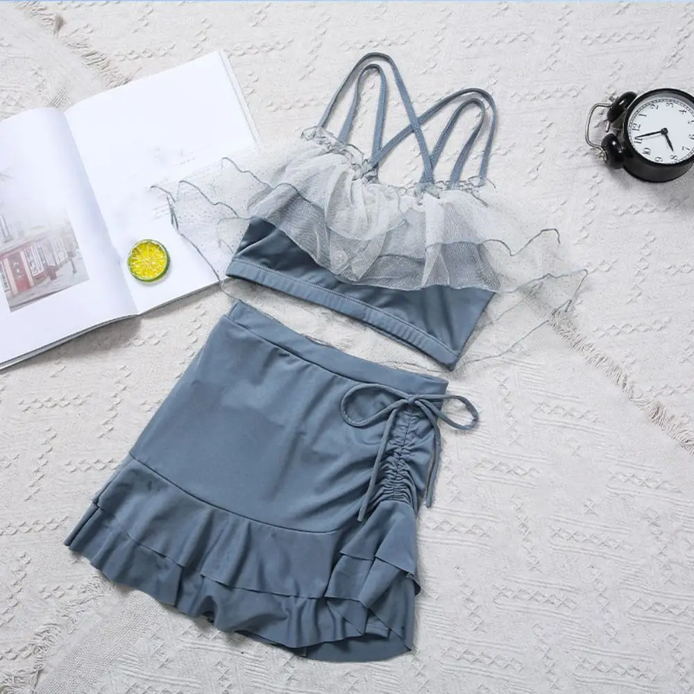 Sweet Slim Fit A-line Skirt Swimsuit Puff Ruffle Beachwear Lace Ruffled Bathing Suit Off Shoulder Two Pieces Set Swimwear Ladies