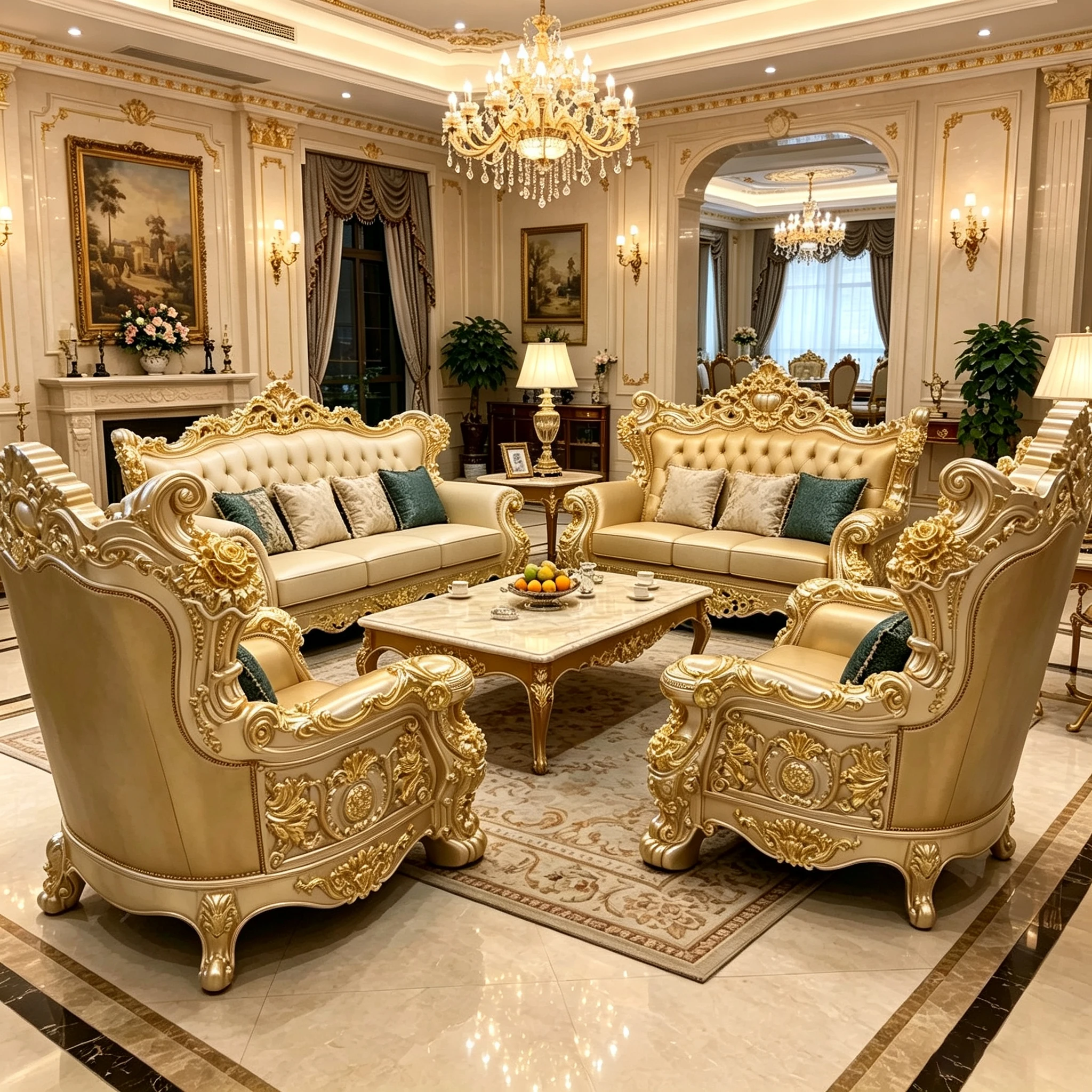Z*-Customized European Luxury Gold Carved Solid  Tufted Leather Sofa Set for Living Room^
