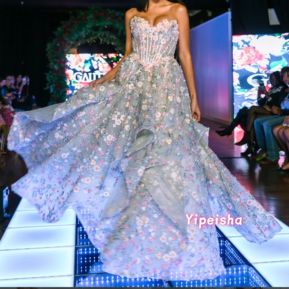 

Customized 3D Floral Applique Prom Dress Sweetheart Neck Lace Ball Gown Romantic Fairy Formal Evening Gown For Wedding Party