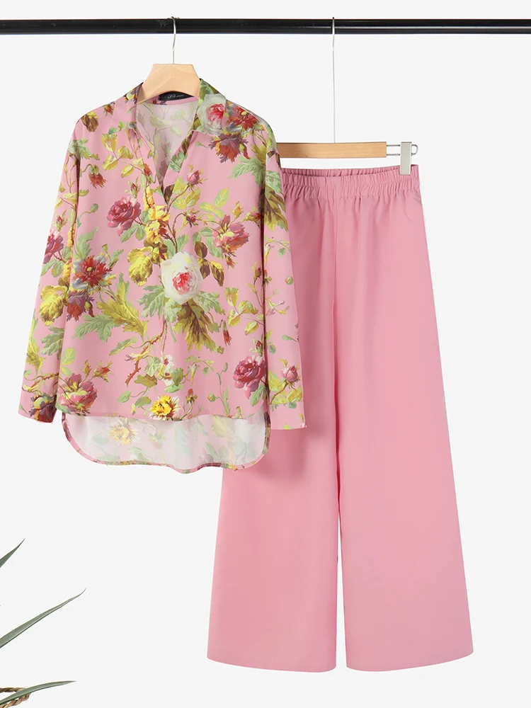 

2025 ZANZEA, осенние комплекты из 2 предметов, женская одежда, модная блузка с длинным рукавом и принтом, широкие брюки, комплекты из 2 предметов, спортивные костюмы больших размеров