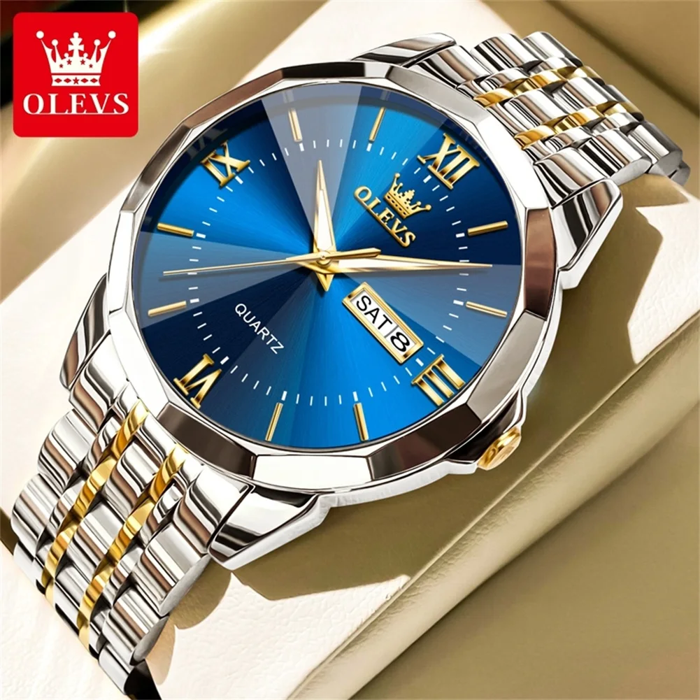 

OLEVS Original Luxury Brand Men's Watches Prismatic Mirror Surface Quartz Watch Waterproof Dual Calendar Male Wristwatch Fashion