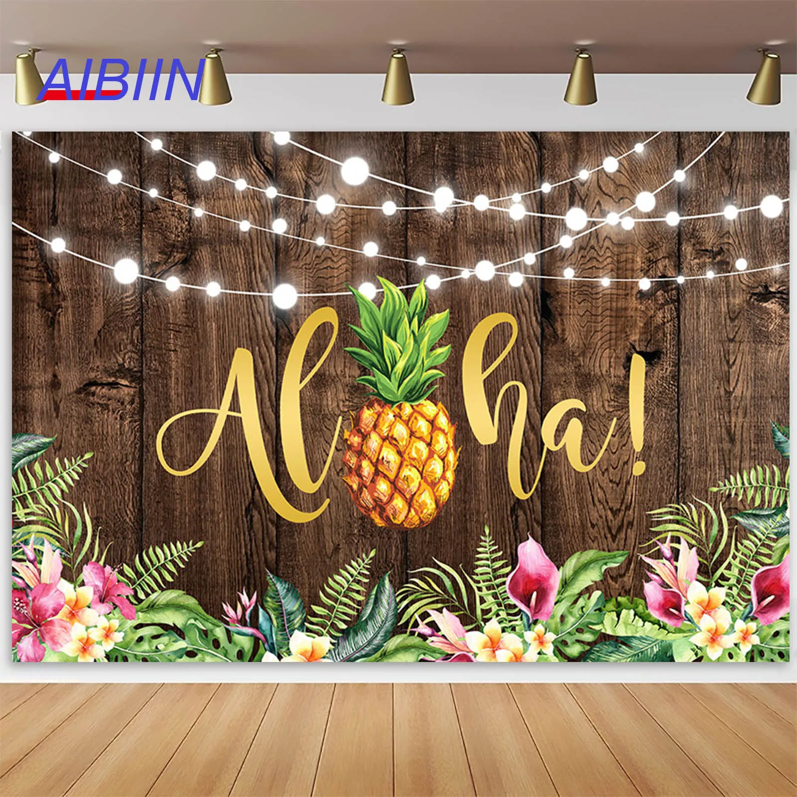 

AIBIIN Aloha Pineapple Backdrop Rustic Tropical Hawaiian Party Decor Baby Shower Wood Pink Floral Lights Photography Background