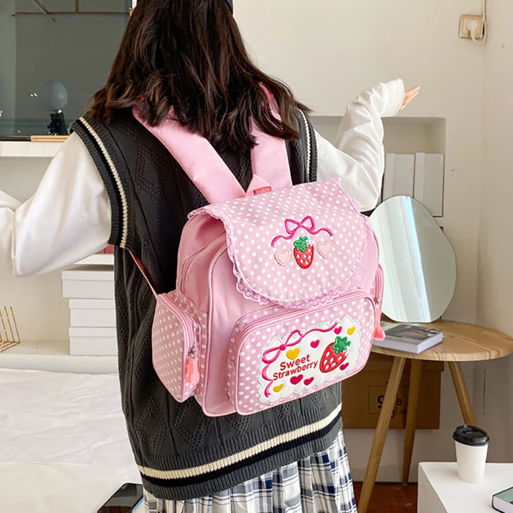 حقيبة مدرسية للأطفال من Pink Girl مطرزة بشكل لطيف على شكل فراولة متعددة الجيوب من النايلون للكلية العصرية للفتيات المراهقات