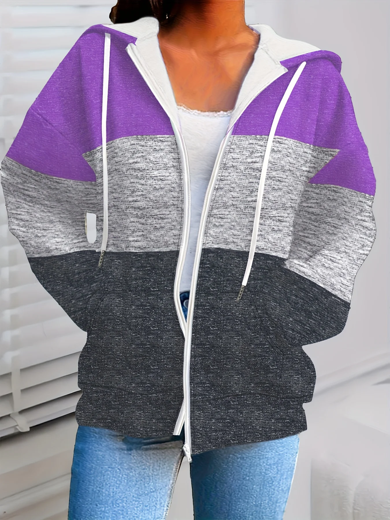 Plus Size Women's Color Block Zip-Up Hoodie for Cozy Style