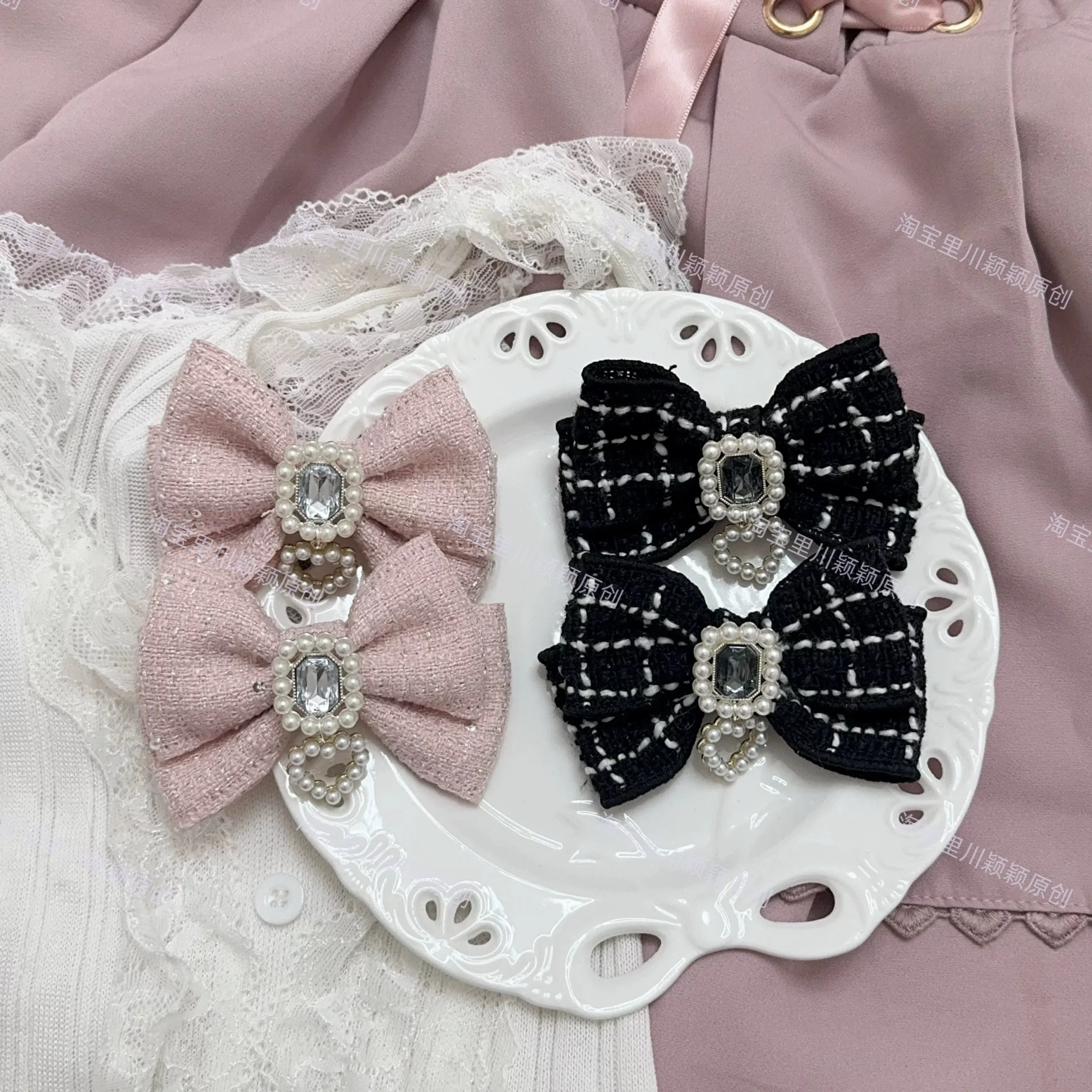Japanese Kawaii Bow Barrettes 2pcs  Black & Pearl Rhinestone Mini Clips Elegant Hair Accessories for Party
