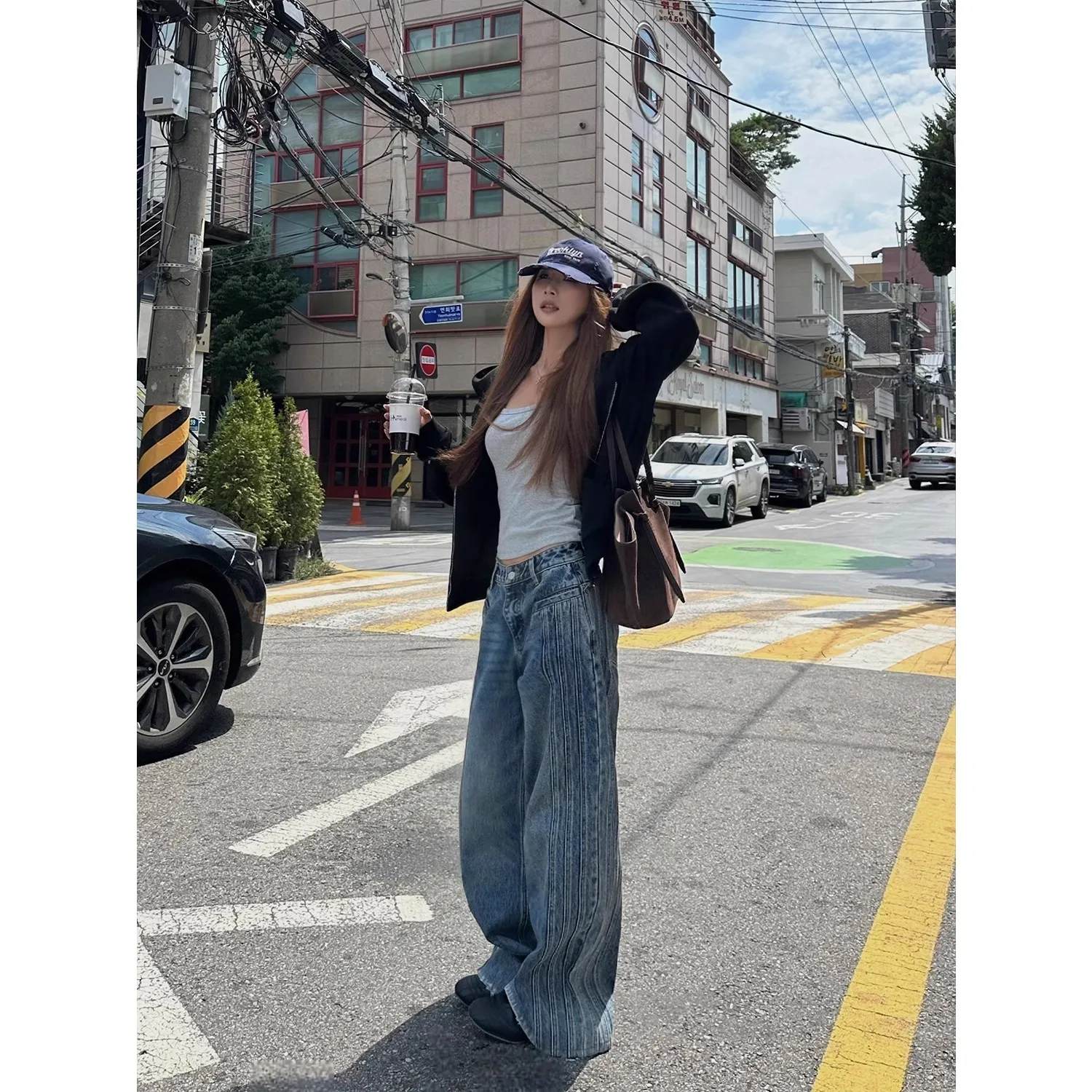 Gradient Blue Jeans for Women Y2K Vintage High Waisted Jeans Straight Streetwear Loose Large Wide Leg Denim Pants