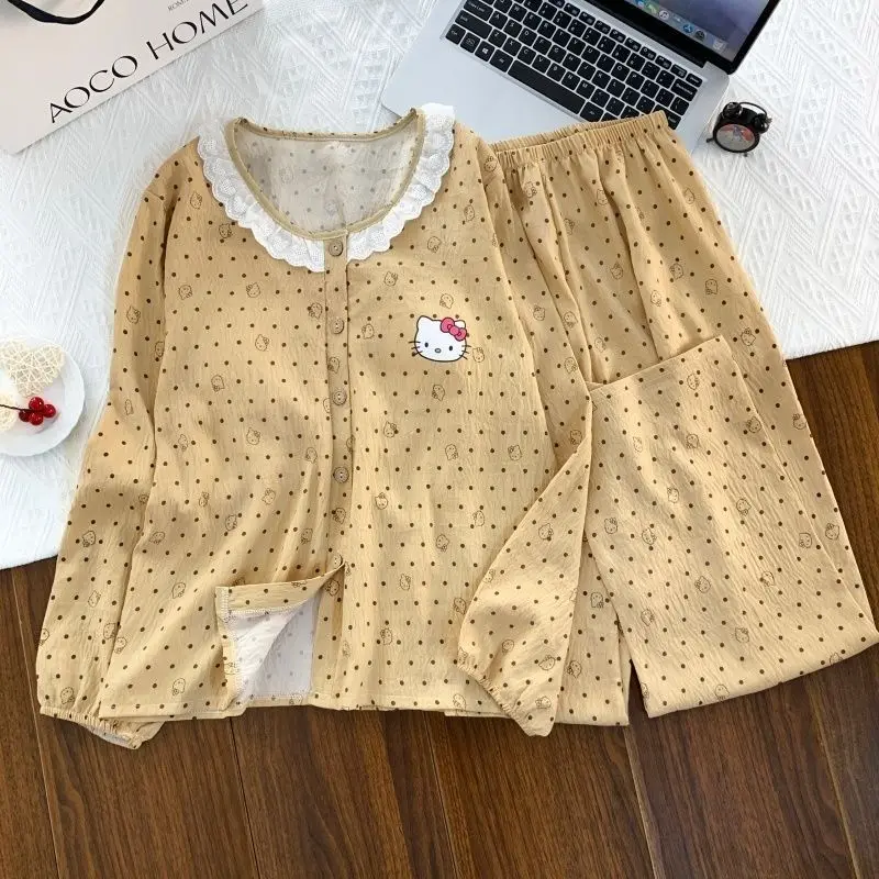 Sanrio Cotton Pajama Set Hello Kitty Pyjama Spring Nightgown Long Sleeve Pant Sleepwear Cute Pijama Polka Dot Home Wear 2 Piece