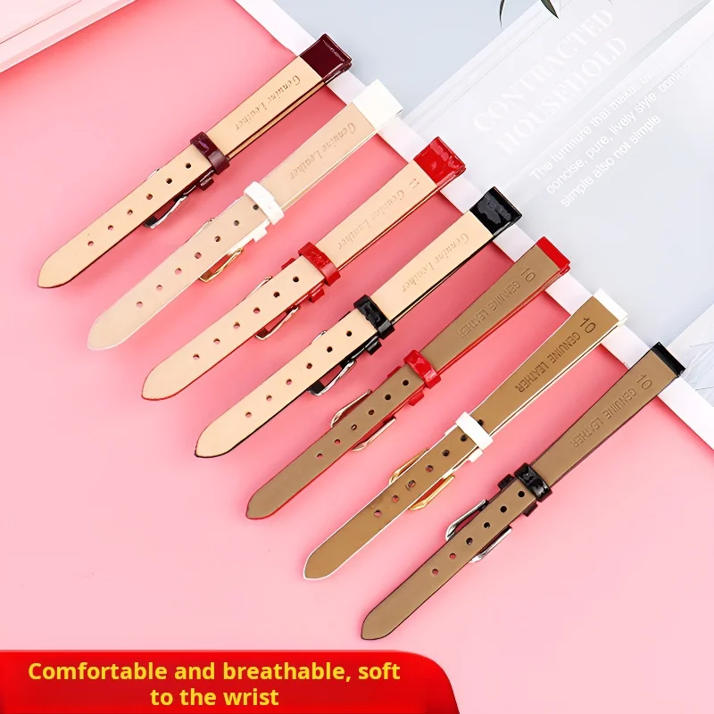 6mm 8mm 10mm 12mm 14mm 16mm jasny pasek do zegarka ze skóry bydlęcej Ultra-cienki damski mały rozmiar skórzany pasek fioletowo-czerwony biały pasek na rękę