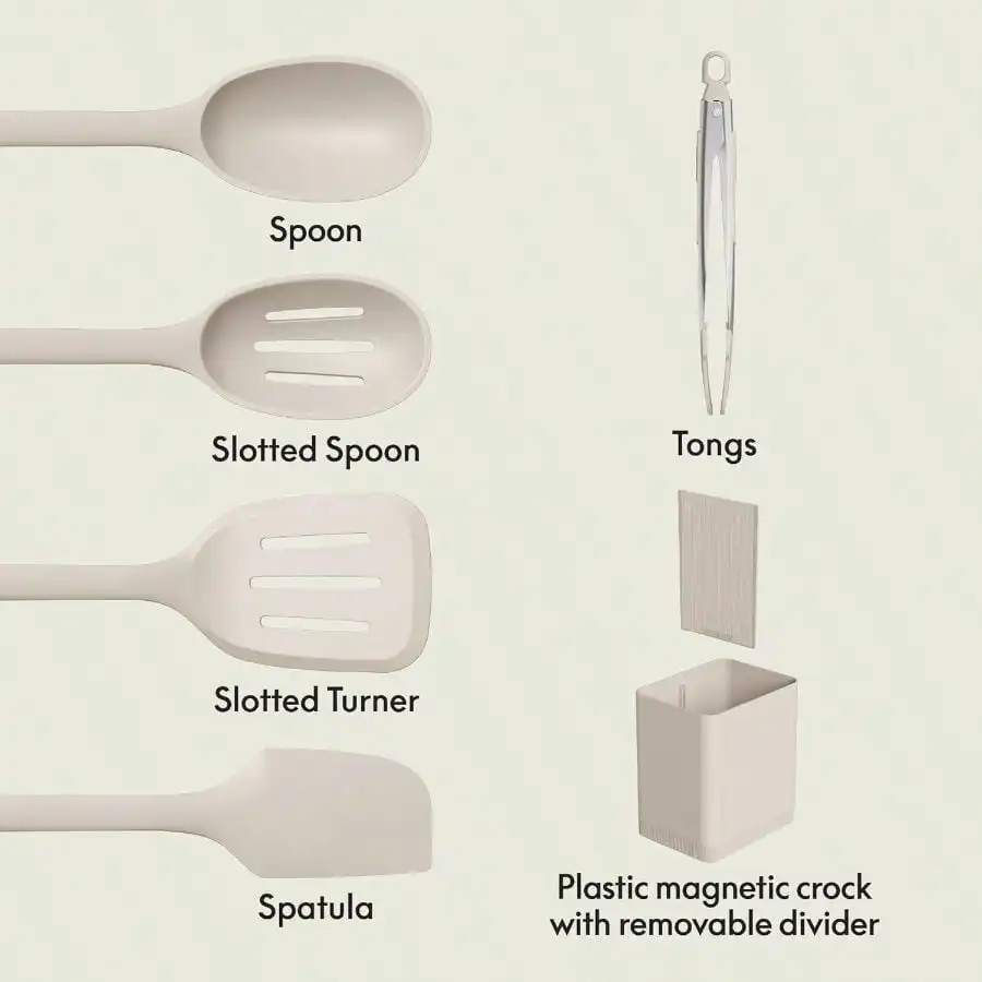 6-Piece Slate Silicone Kitchen Tool Set With Crock And Divider Turner, Spoon, Slotted Spoon, Spatula, Tongs Heat Resistant Dishwasher