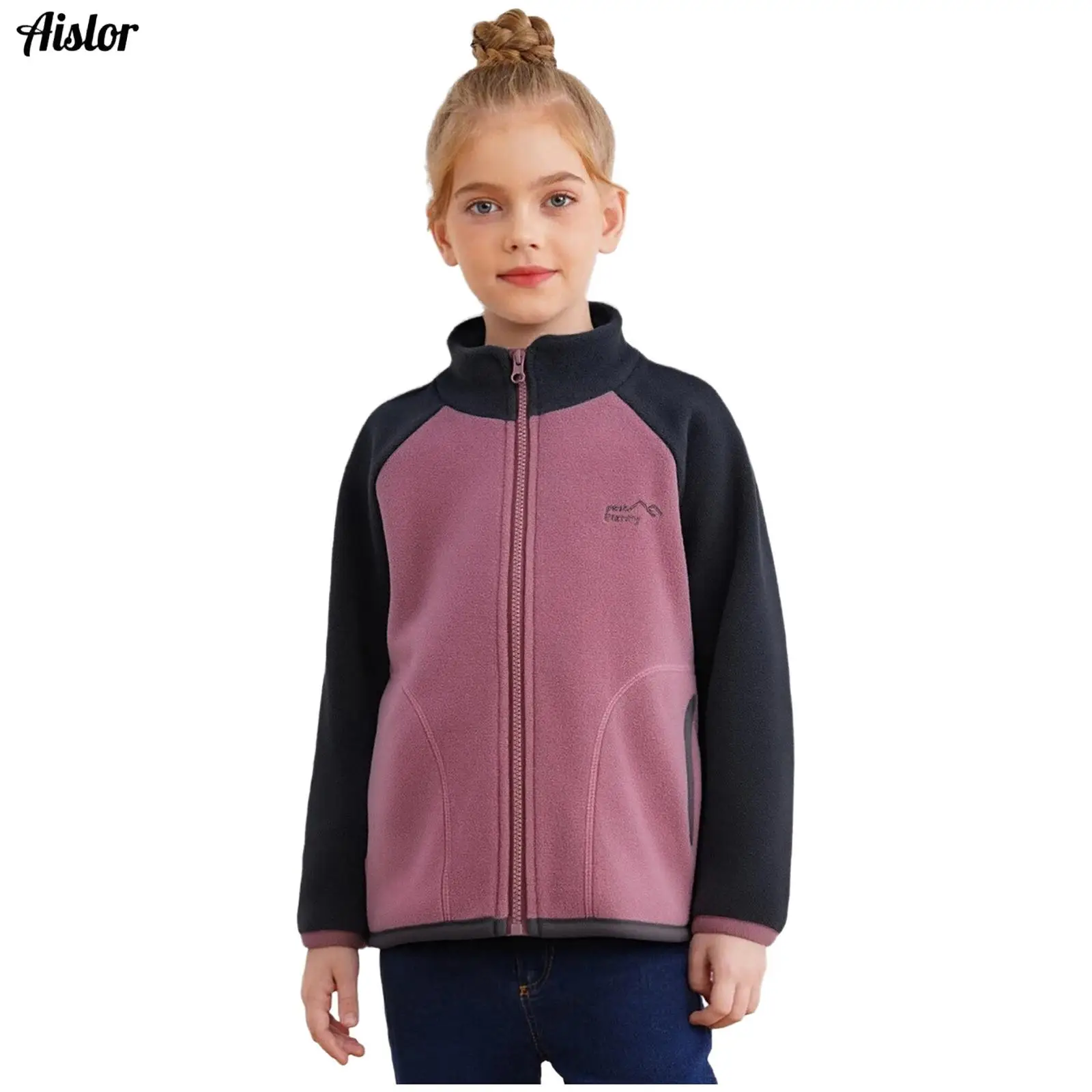 

Unisex Kids Girls Boys Warm Outerwear Fashion Soft Fleece Jacket Stand Collar Long Sleeves Color Block Zip-Up Coat with Pockets