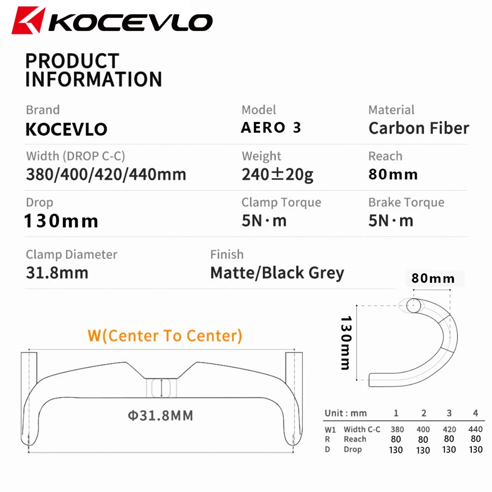 KOCEVLO AERO 3 Road Carbon Handlebar 360/380/400/420mm UD Matt Internal Routing Road Bicycle Handle Bar