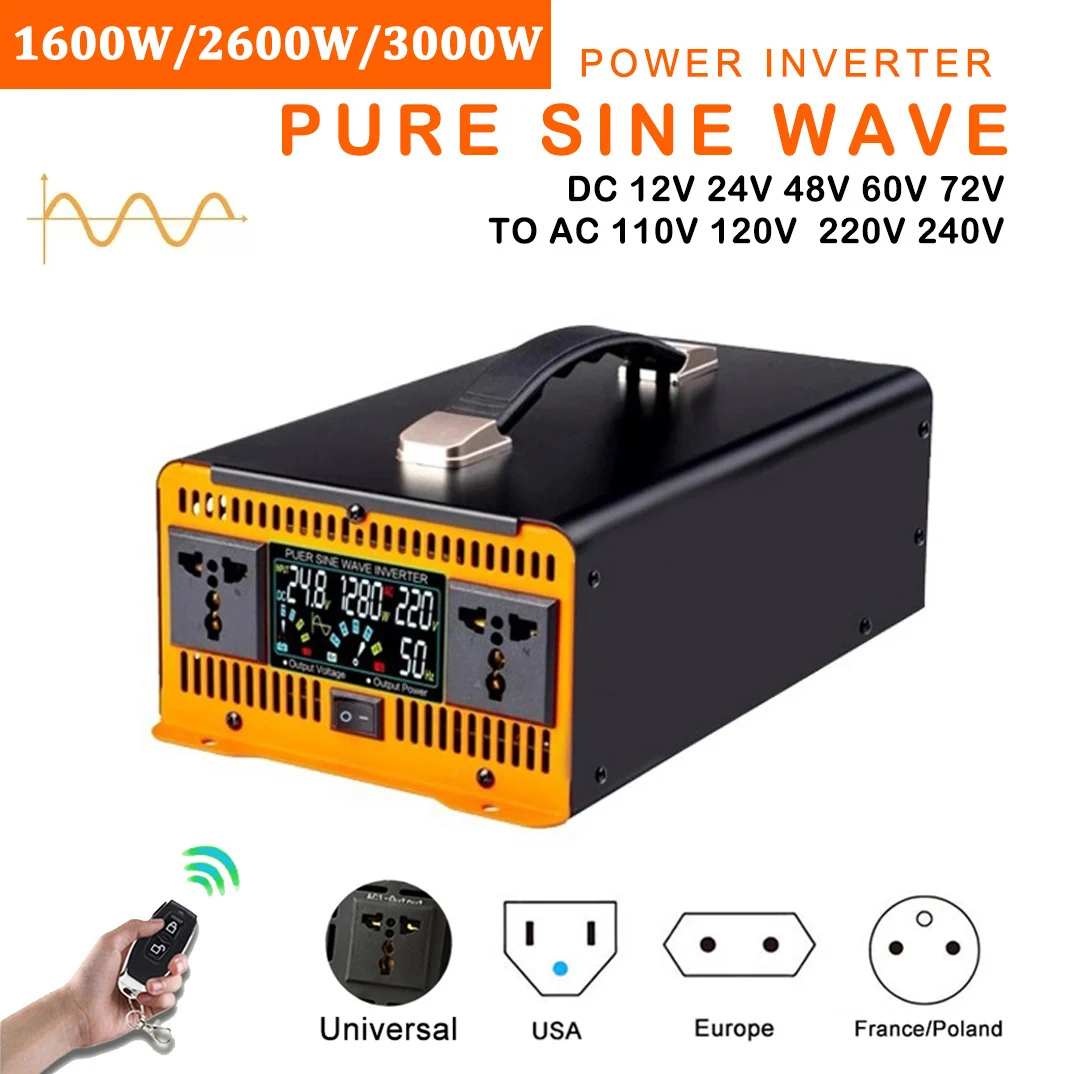 

1600W 2600W 3000W Pure Sine Wave Inverter Car Inverters Off Portable Power 12V 24V 48V 60V 72V to AC 110V 220V Solar Converter