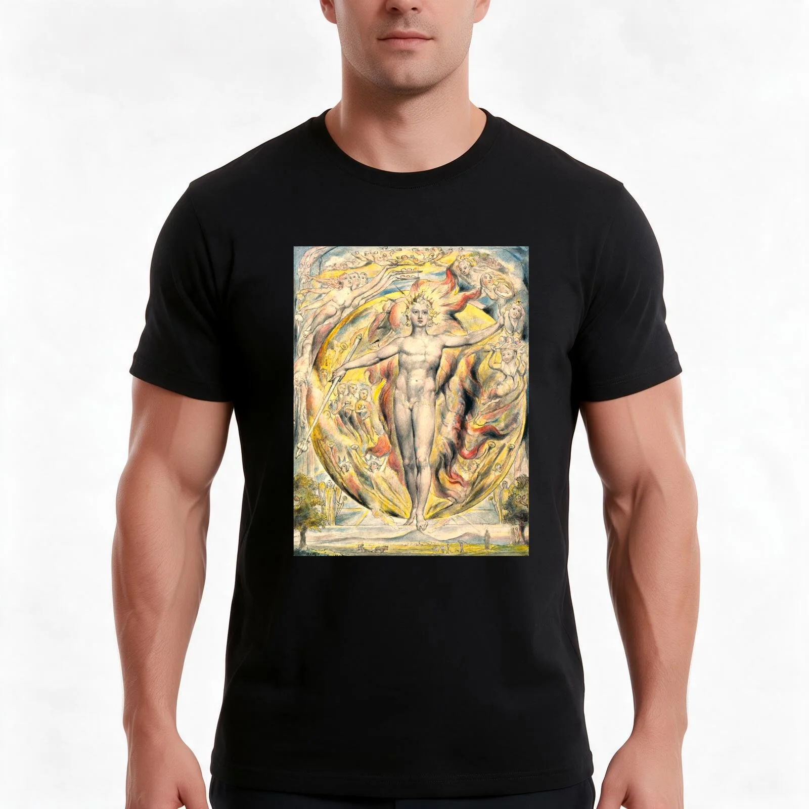 HD The Sun at His Eastern Gate, by William Blake HIGH DEFINITION Original colors T-Shirt, Summer Casual Cotton Tee, 100% Cotton