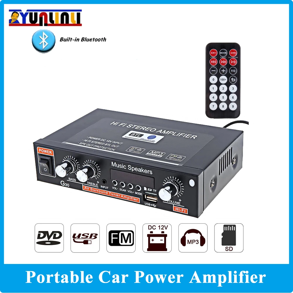 12V 36W Car Wireless bluetooth Stereo Amplifier Smart Digital Home Power Amplifier Music Player Support SD / USB / DVD / MP3