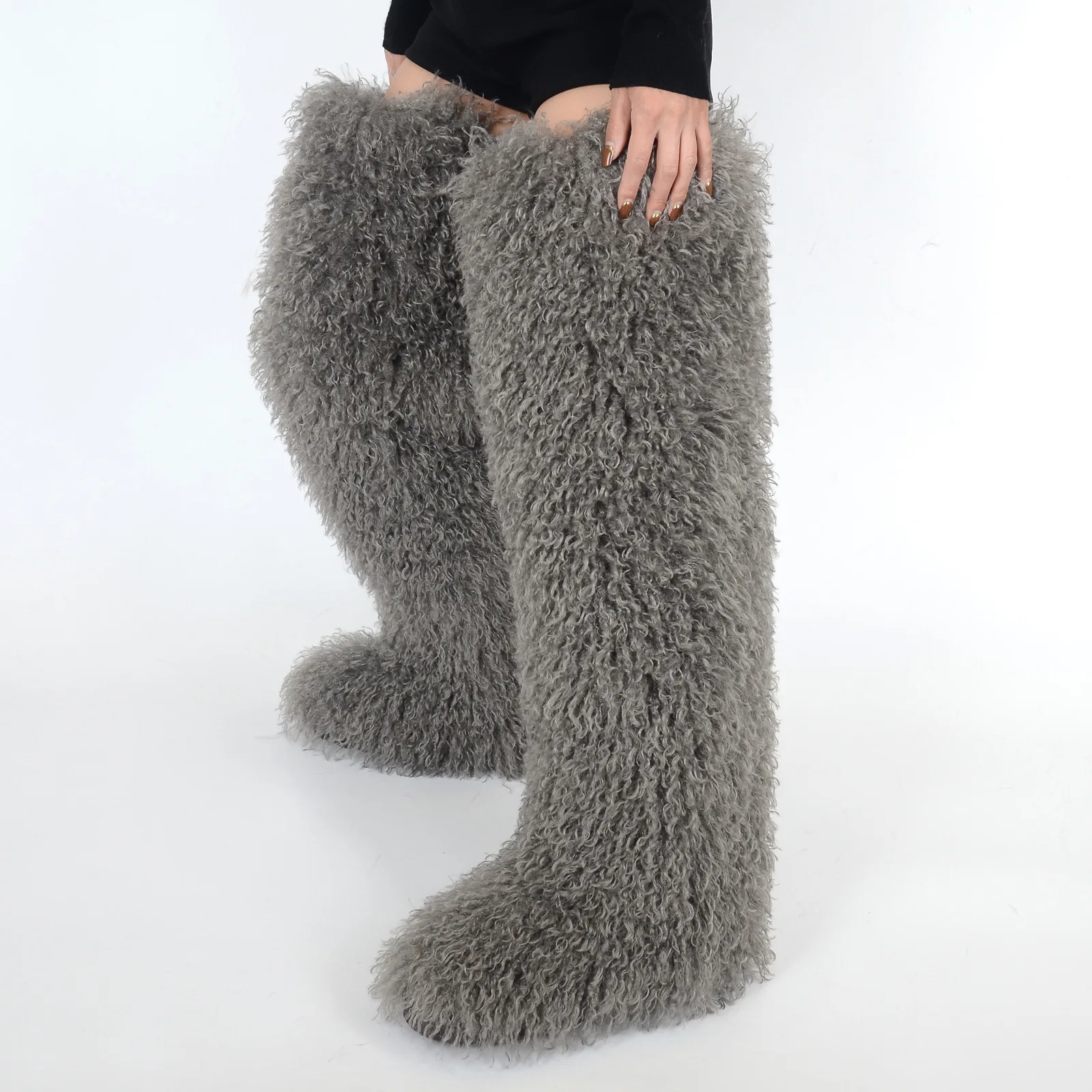 

IPPEUM Mongolian Fur Boots For Women Thigh High Winter Plush Long Boots 2025