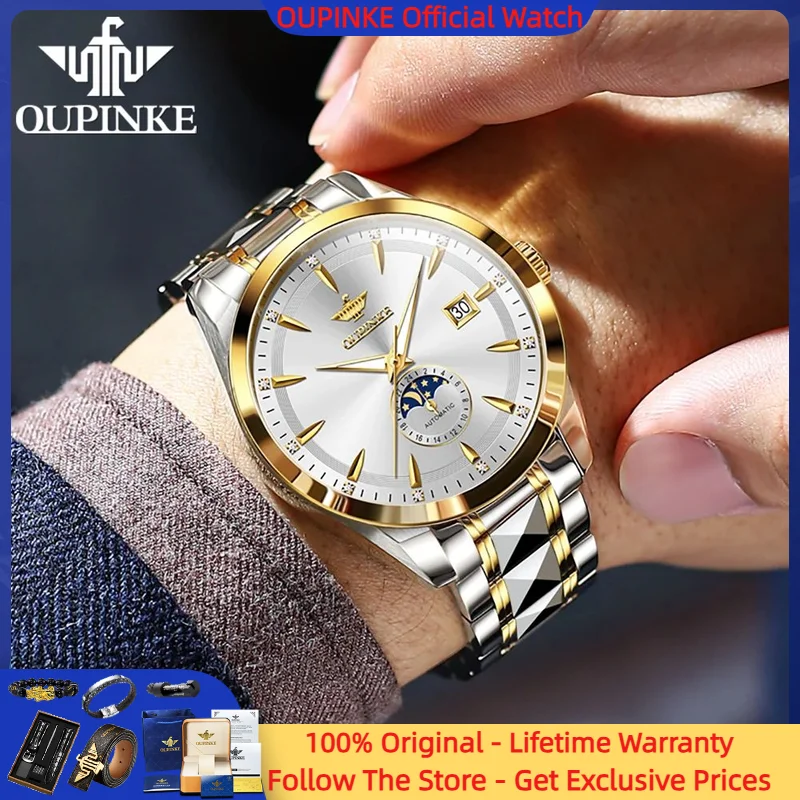 

OUPINKE 3292 Men Watch High Quality Fully Automatic Mechanical Watch High End Luxury 24-hour Moonphase Waterproof Men Watch Gift