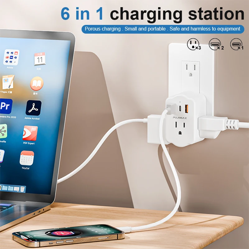 PUJIMAX Universal Plug Power Strip With 3 Outlets 3 USB Charge Multiple Wall Socket Adapter Expands For Cruise Ship Home Office