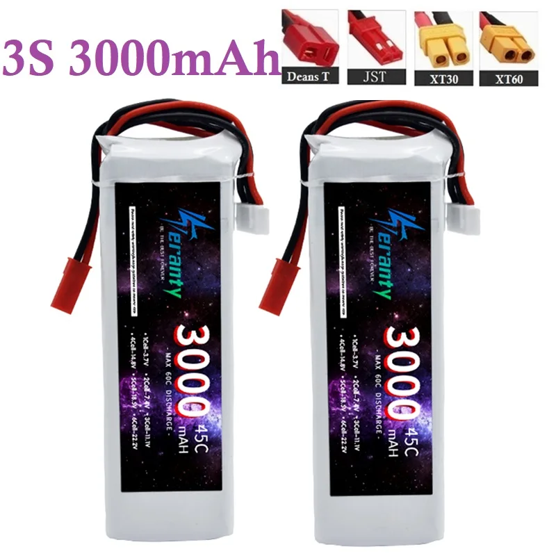 

3S 11.1V Lipo Battery for 3000mAh 45C with XT60 DEANS T XT30 JST Plug for RC Airplane Quadcopter Drone FPV Boat Helicopter
