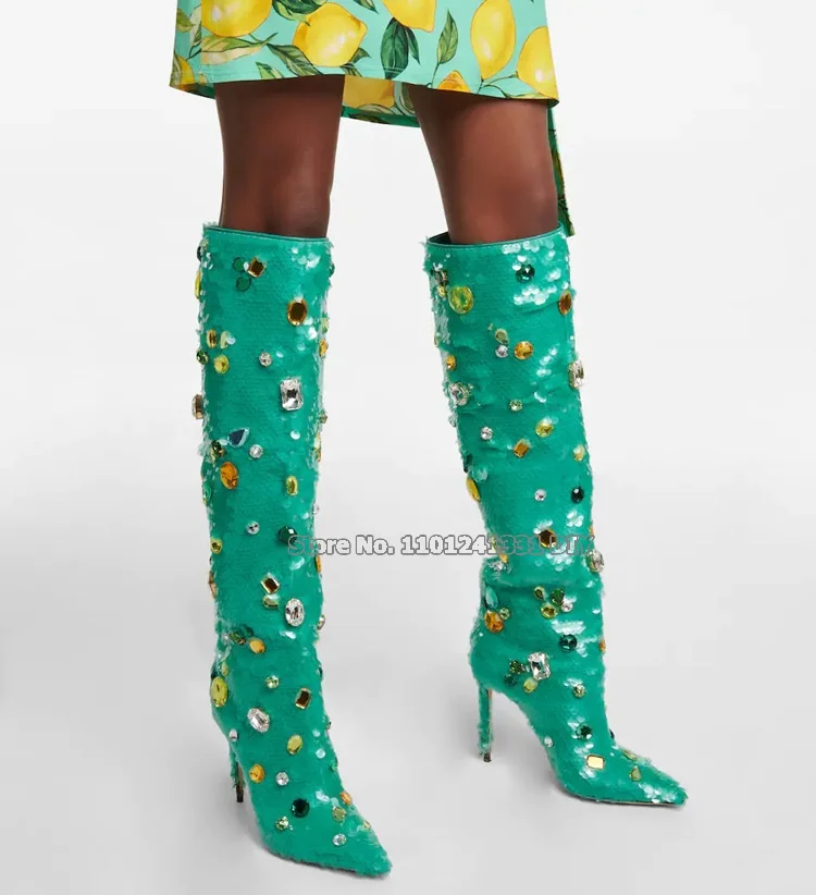 

Colorful Turquoise Gemstone Decor High Heel Knee High Boots Women Green Thin High Heeled Pointy Toe Long Bota Feminina