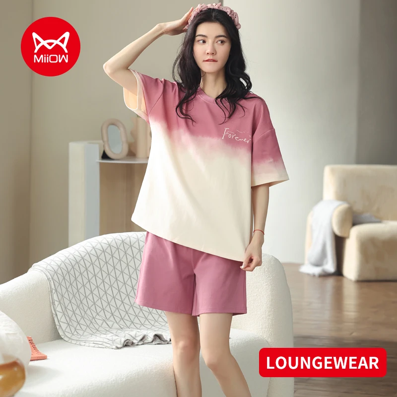 MIIOW Pajama Women 2 Pieces Set Advanced Gradient Colors Sleepwear Homewear Comfort Short Sleeve and Shorts Night Wears Set 파자마
