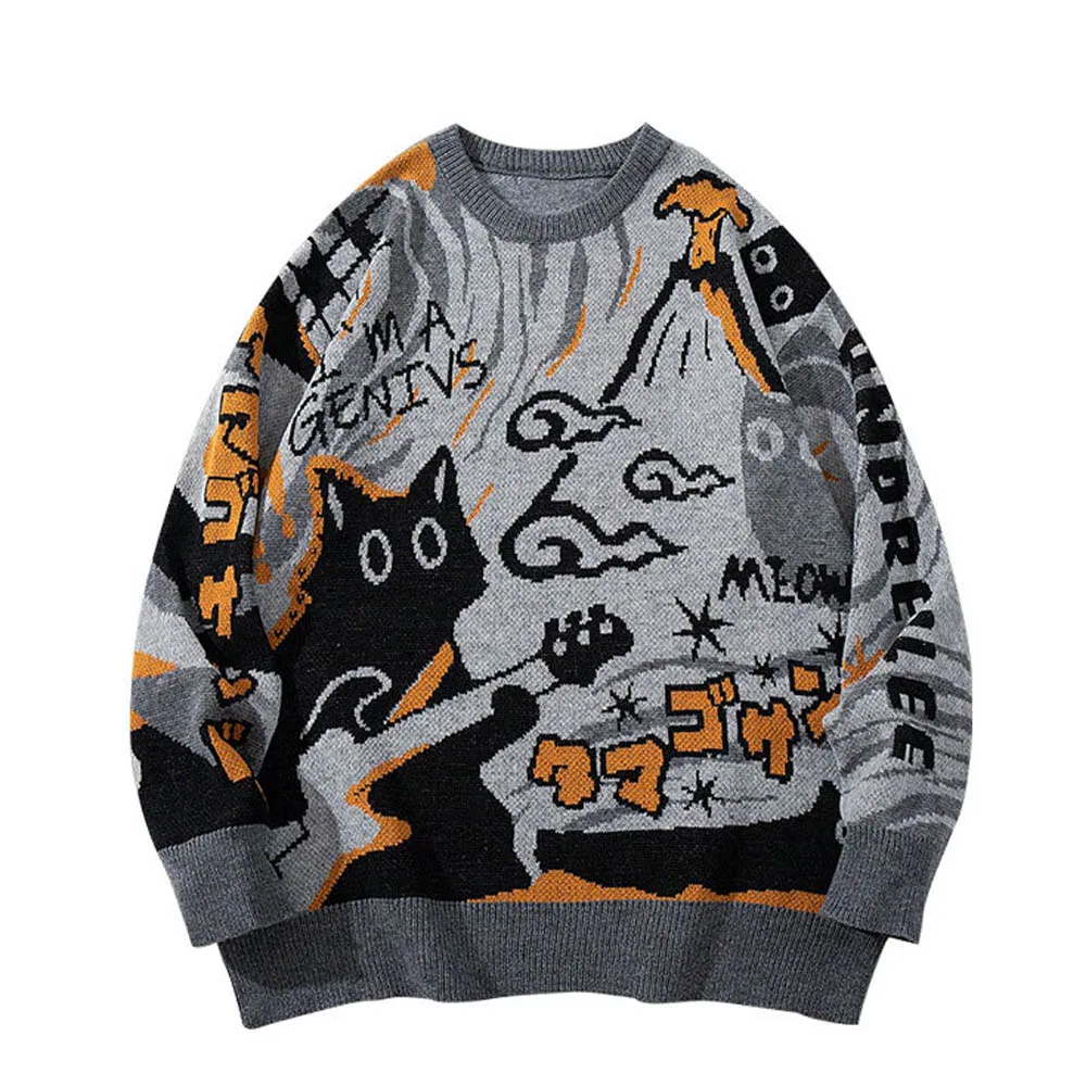 Cat Graphic Sweater Unisex Black Cat Knit Pullover Vintage Crew Neck Cartoon Pattern Color Block Grunge Streetwear Autumn Winter