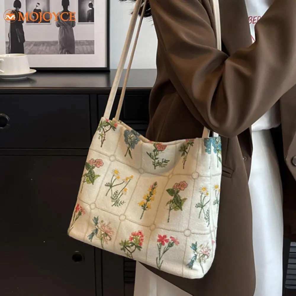 Ladies Floral Embroidered Underarm Bag Canvas Satchel Women Quality Bucket Bag Large Capacity Shoulder Bags Stylish Tote Handbag