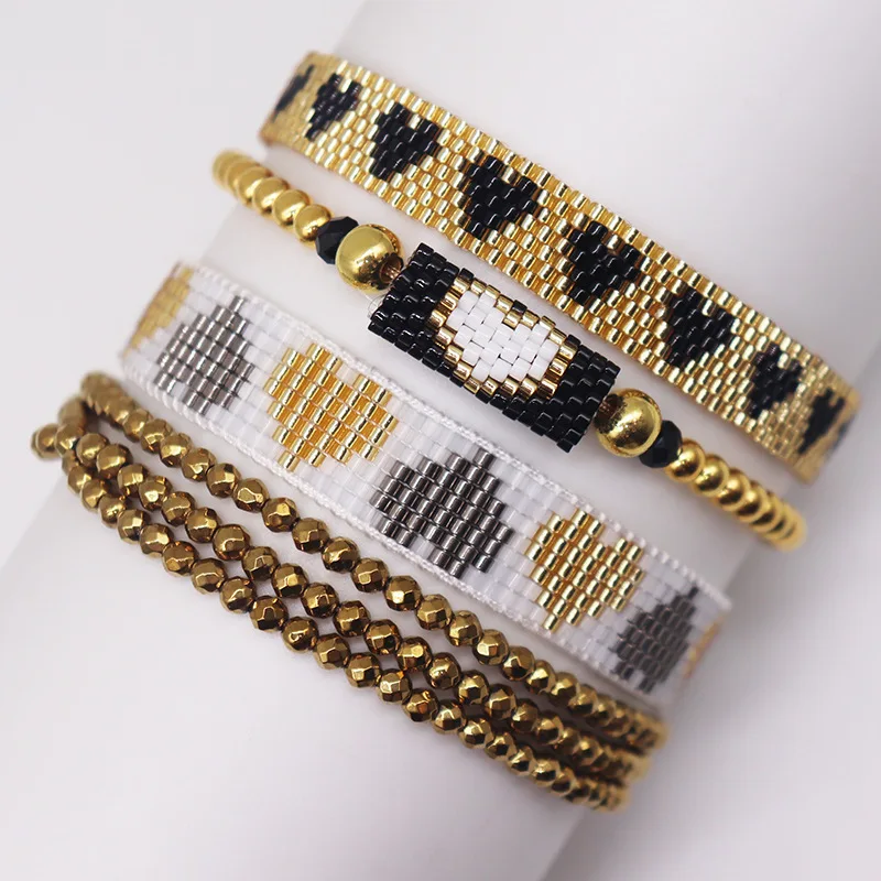 2024 European and American hip-hop fashion gold spade heart miyuki bracelet hand-woven steel ball crystal bracelet set