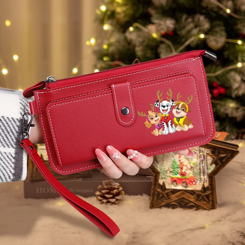 Cute PAW Patrol Long Leather Wallet Cute Cartoon Red Christmas Thin Coin Purse Fashion Printed Woman Business Card Storage Bags