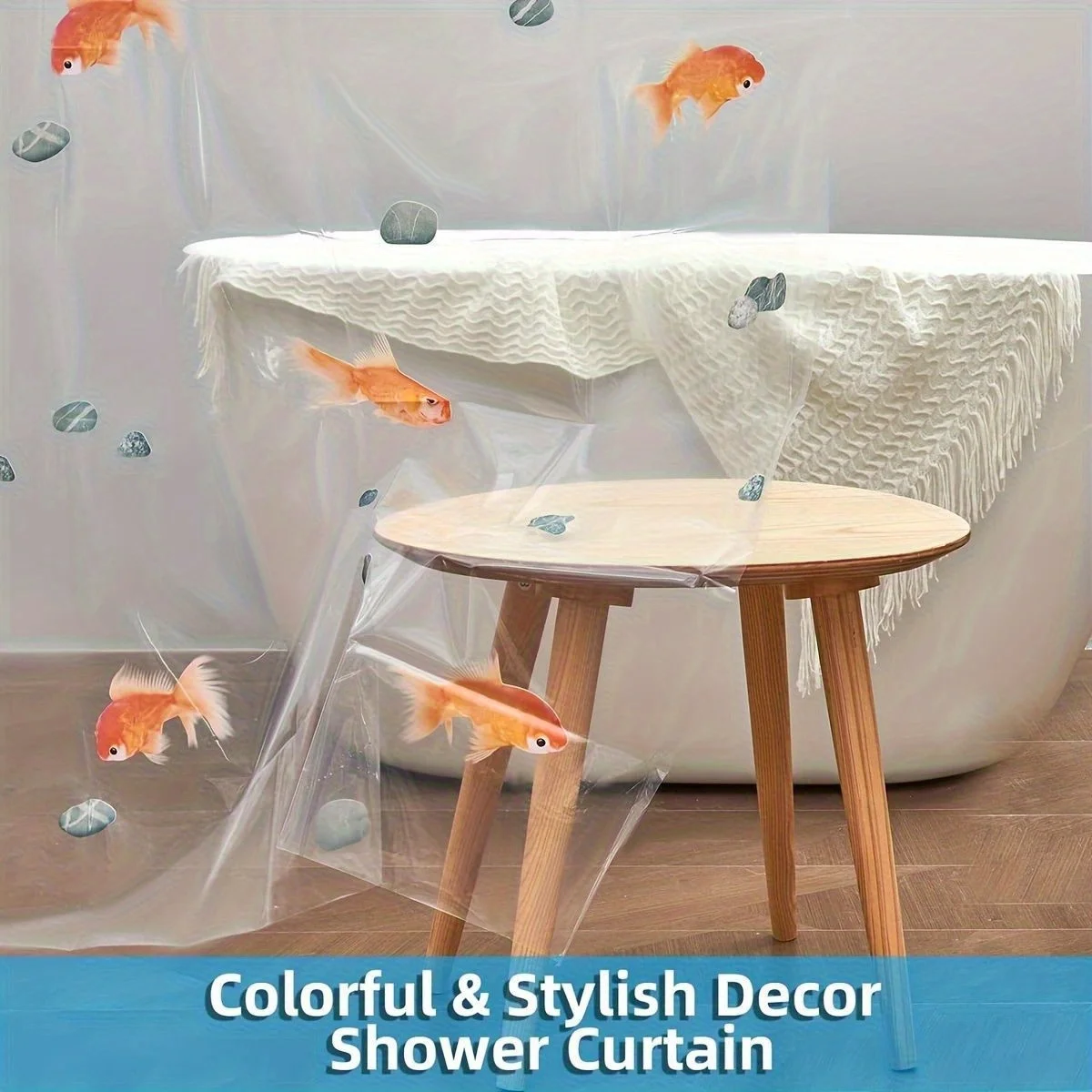 High-Quality PEVA Goldfish Shower Curtain - Transparent Bathroom Decor with Orange Fish and Stone Design, Includes 12 Hooks