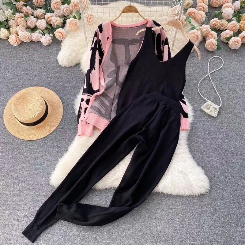 Fall Winter Women Knitted 3 Piece Sets Korea Elegant Letter Design Cardigan Coats Tops Outfit High Waist Jogger Harem Pants Suit