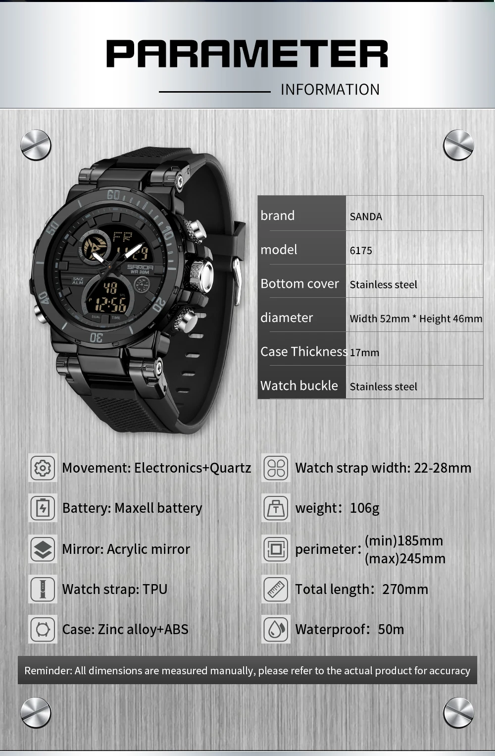 Sanda New 6175 Męski fajny zegarek elektroniczny Wielofunkcyjny męski zegarek ze stalową opaską dla uczniów szkół gimnazjalnych i średnich