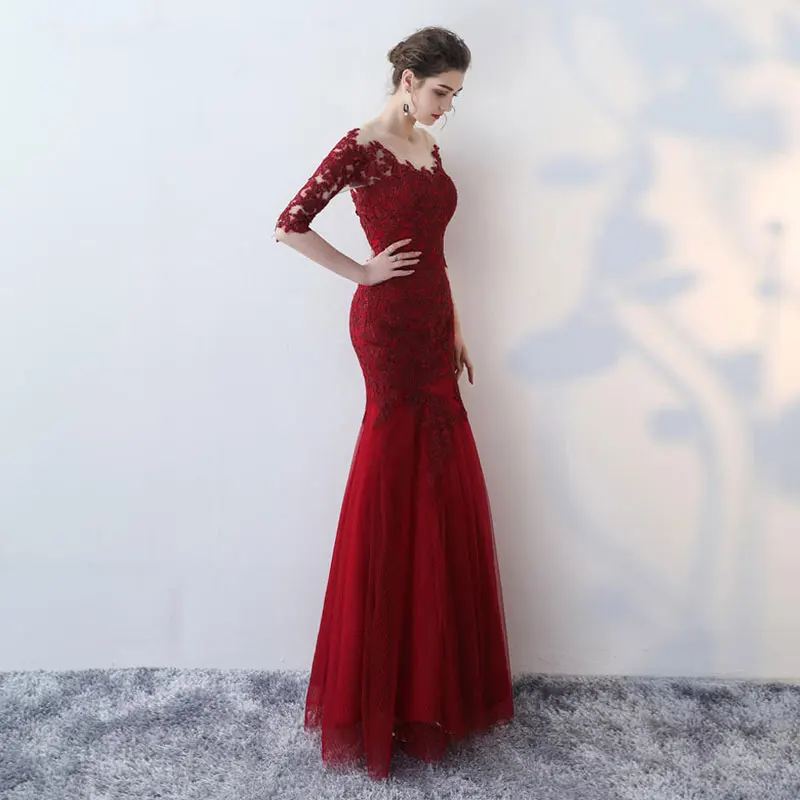 Elegant Appliques Lace Mermaid Evening Dresses Long Simple Burgundy Prom dress wedding Party Dresses robe de soiree