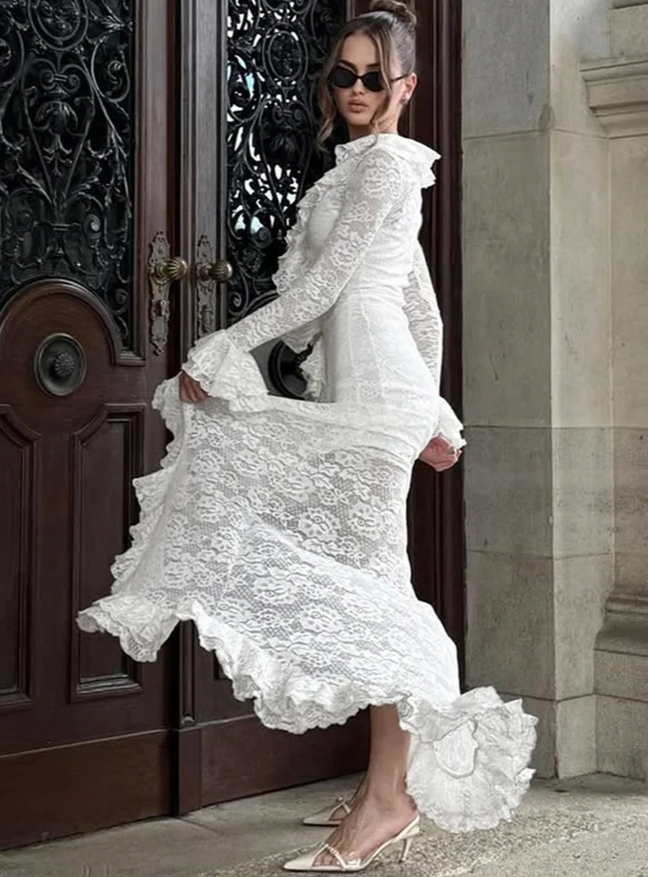 Kant gestapelde vrouwen maxi-jurken romantische Franse volledige mouw ruche hals split bodycon vrouwelijke sexy pure trend vestidos