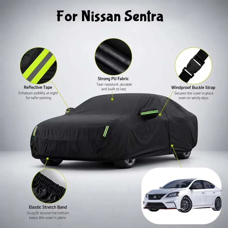 For Nissan Sentra Waterproof Full Car Cover Side Door Zipper Reflective Strips Windproof Buckle All-Weather Protection