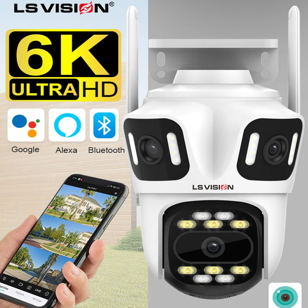 vision 6k wifi camera de vigilancia ao ar livre lentes de tres telas de seguranca ptz hd ai human auto rastreamento cctv video cam icsee ls 01