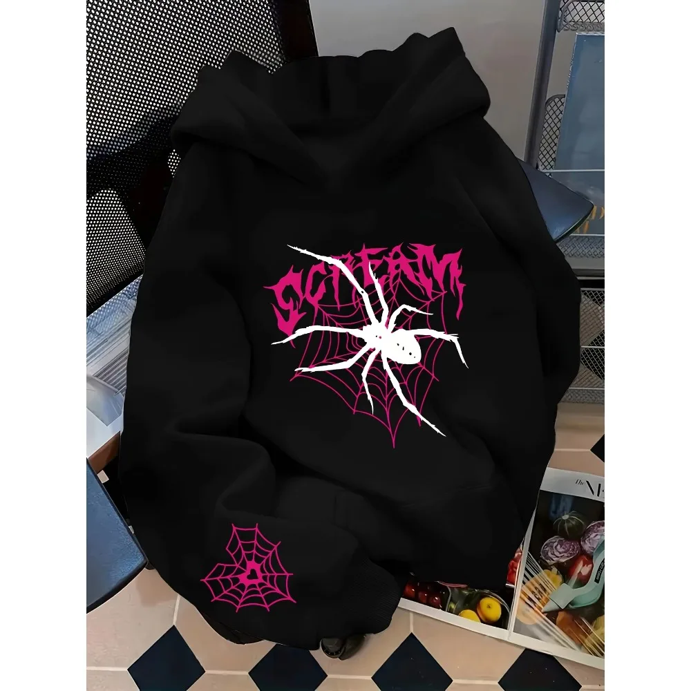 Men's Gothic Spider Print Hoodie Hip Hop Sports Casual Streetwear Pink Graffiti Pullover Sweatshirt Tops 2026 Hoodie