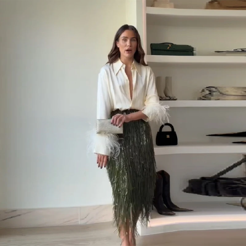 

Блестящая юбка с вышивкой для женщин, шикарное платье средней длины с нерегулярным подолом и кисточками, 2021, блестящие вечерние юбки трапециевидной формы с высокой талией