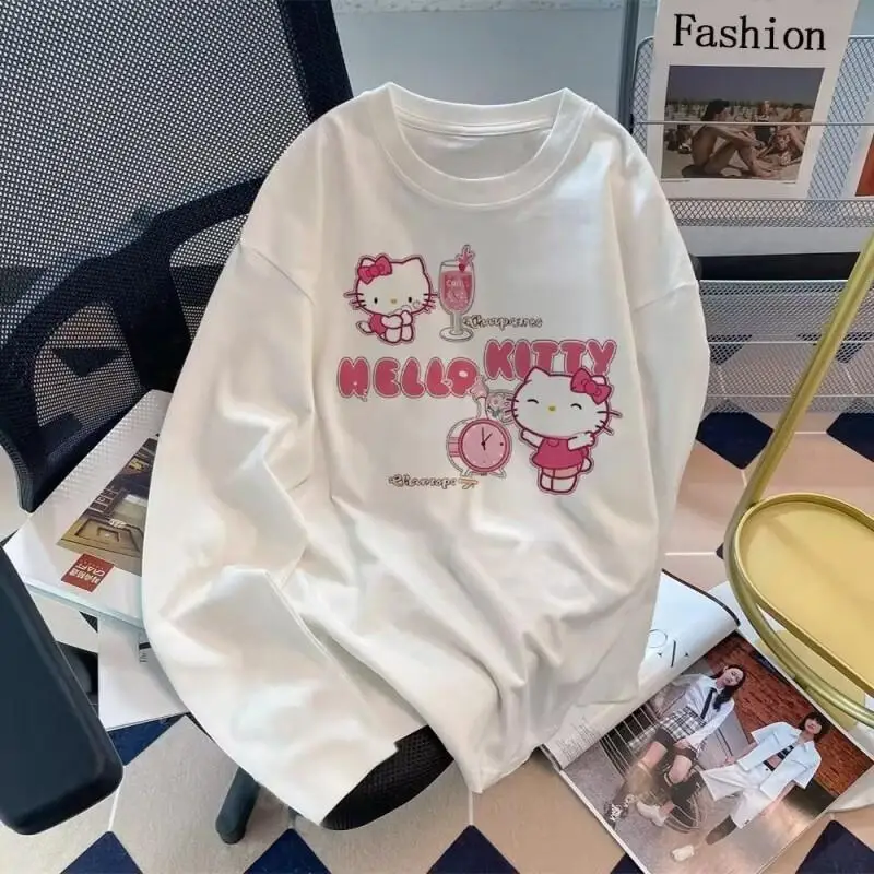 

Y2K Sanrio Hello Kitty Girl Long Sleeves T-Shirt Spring Autumn Loose Base Layer Kawaii Kit Woman Pullover Cartoon Student Tops