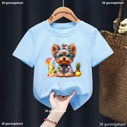 Yorkshire Terrier Dog Animal Print Girls T-Shirt Cute Children Summer Vacation Tshirt Fashion Casual Baby Girls T Shirt Top