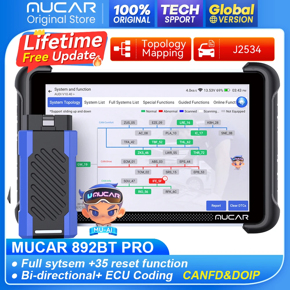 2026 MUCAR 892BT PRO Car Diagnostic Tools Full System Topology Map 35 Resets OBD2 Scanner J2534 Programming CAN FD DOIP Protocol