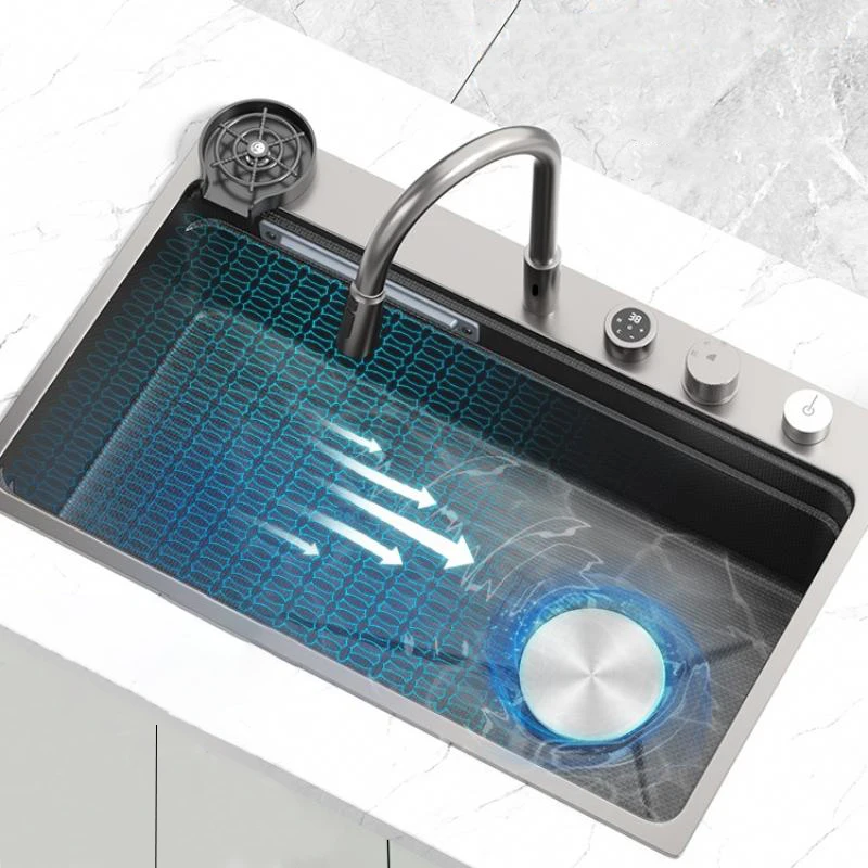 One Piece Waterfall Faucet Stainless Steel Single Slot Bionic Honeycomb Black Kitchen Sink