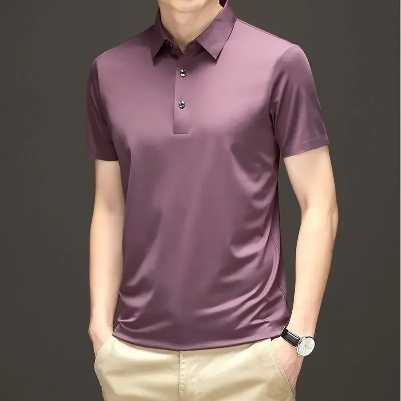 Men\'s Embroidered Mulberry Silk Polo Shirt New Spring/Summer Thin Fashion Business Casual Ice Cool Silk Short Sleeve T-shirt