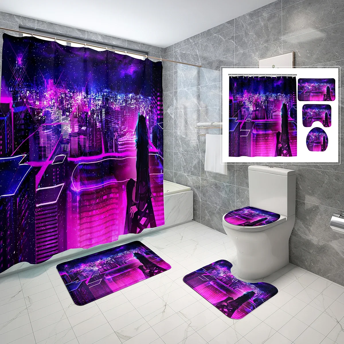 4 PCS Night View Shower Curtain Sets,Modern Neon City Art Bathroom Waterproof Bath Curtain,Non-Slip Bath Mat Toilet Cover Set