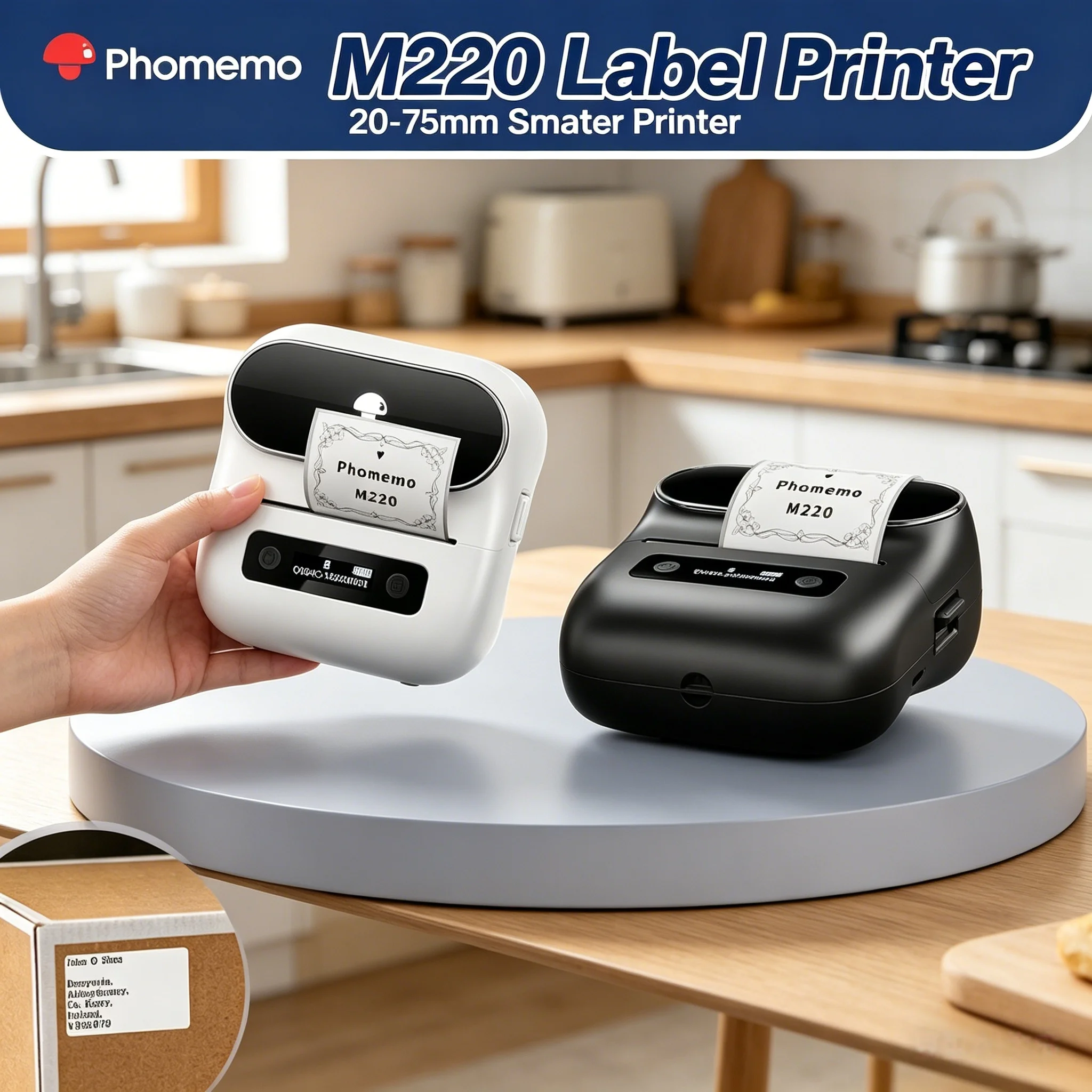 M220 Phomemo Portable Thermal Label Printer, Multi-function Sticker Label Maker Machine for Office, Clothes Tag