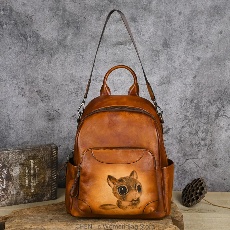 

New Cowhide Large Capacity Backpack For Women's Retro Genuine Leather Handbag Animal Print Travel Schoolbag Shoulder Bag