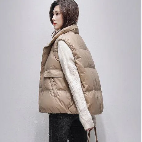 المرأة أسفل سترة بطة ريشة قصيرة جاكيت بلا إكمام موضة الشتاء الوقوف طوق صدرية كردينا نسائية с كبابيوشوكوم VT-361