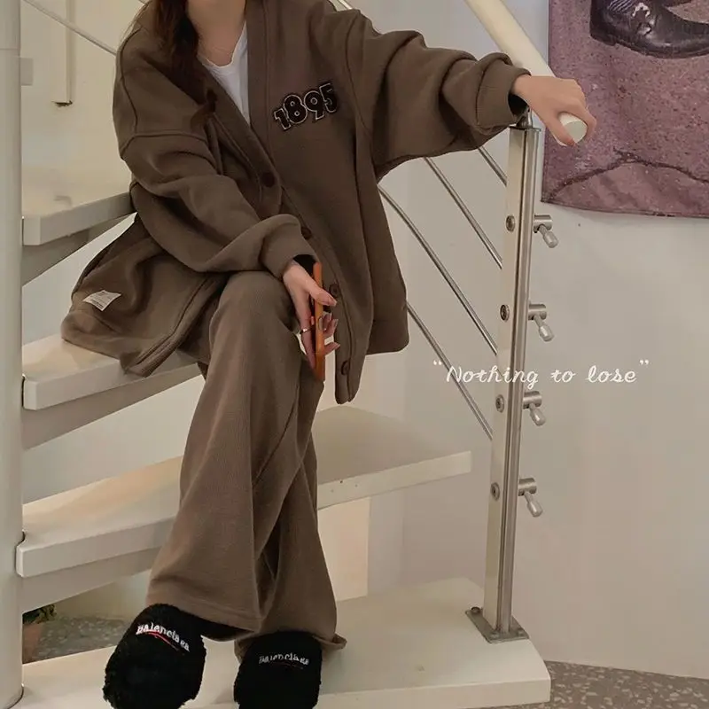 Autumn and Winter New Collection Large Fat MM Cardigan Long Sleeved Sweatshirt Casual Wide Leg Pants 2-piece Set