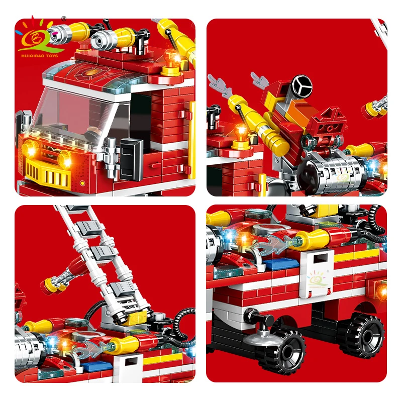 HUIQIBAO City Fire Fighting 8in1 Trucks Car Helicopter Boat Building Blocks Firefighter Figures Man Bricks Toys For Children