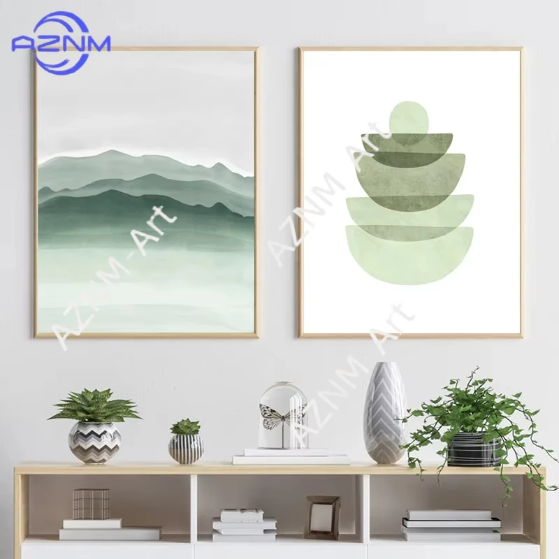 1/2 Stück Aquarell Grüne Abstrakte Geometrische Formen Kunstdrucke Nordisches Poster Mintgrüne Leinwandmalerei Wandbilder Raumdekoration