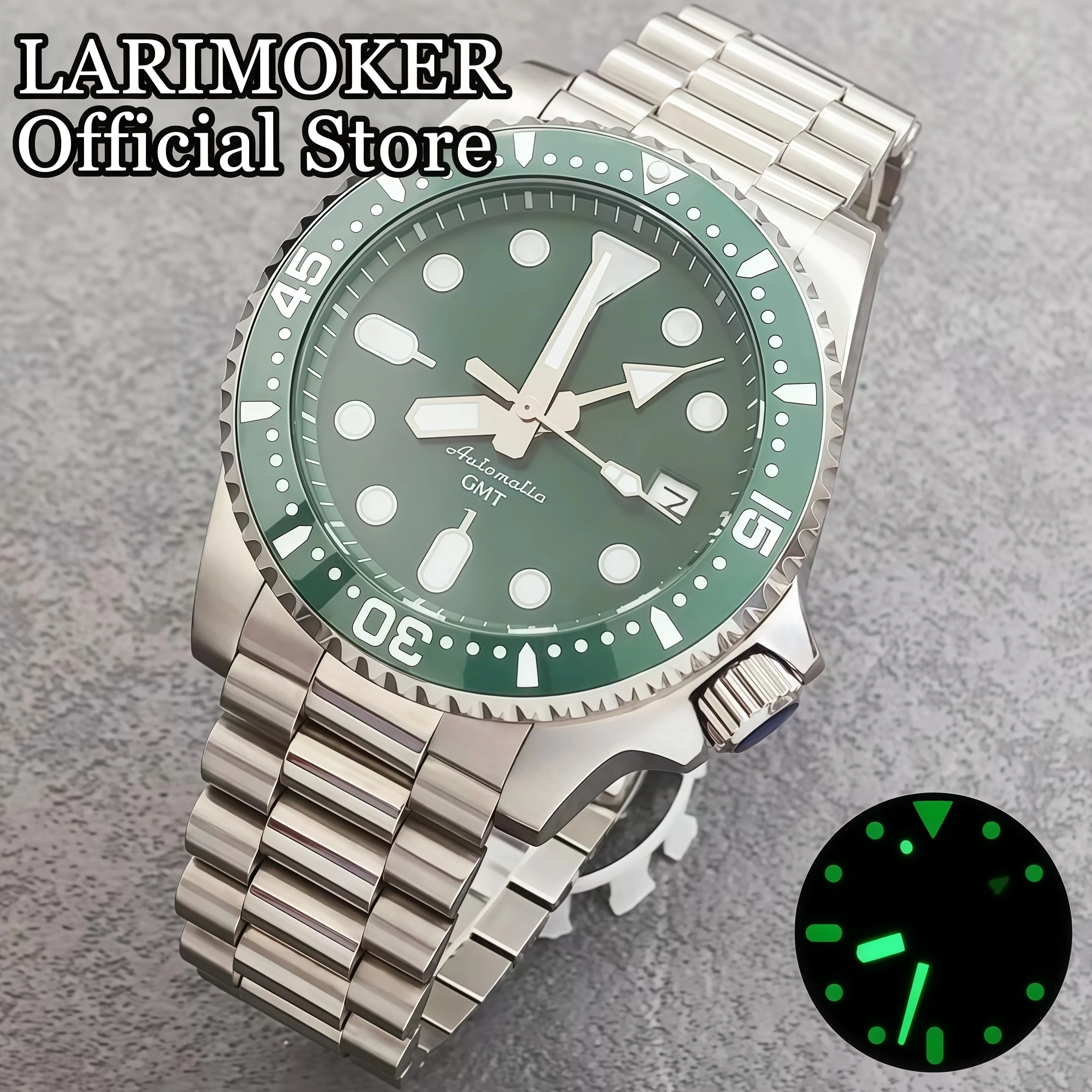LARIMOKER40.5mm NH34 Men's GMT Mechanical Wristwatch 24 Hour Fixed Bezel Sapphire Glass Waterproof Green Dial Green GMT Luminous